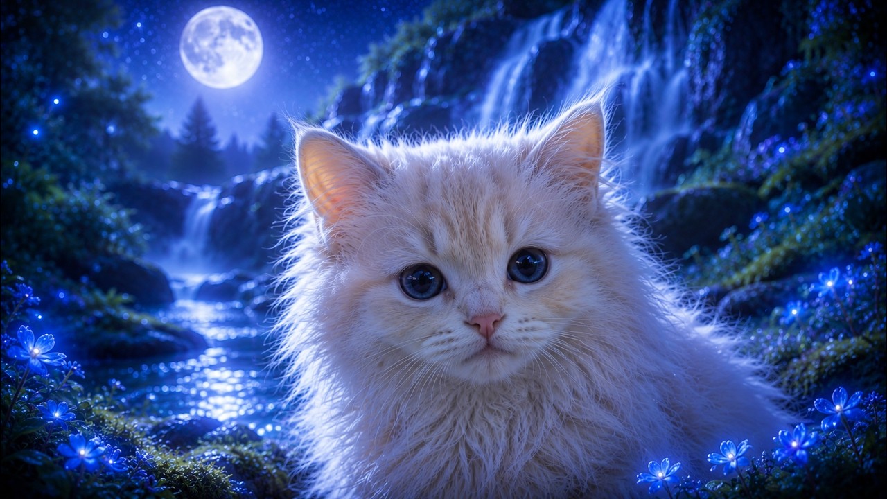 Dreamy Cozy Kitten Lullaby Vol.5 💧 Moonlit Waterfall | Fantasy Sleep Music