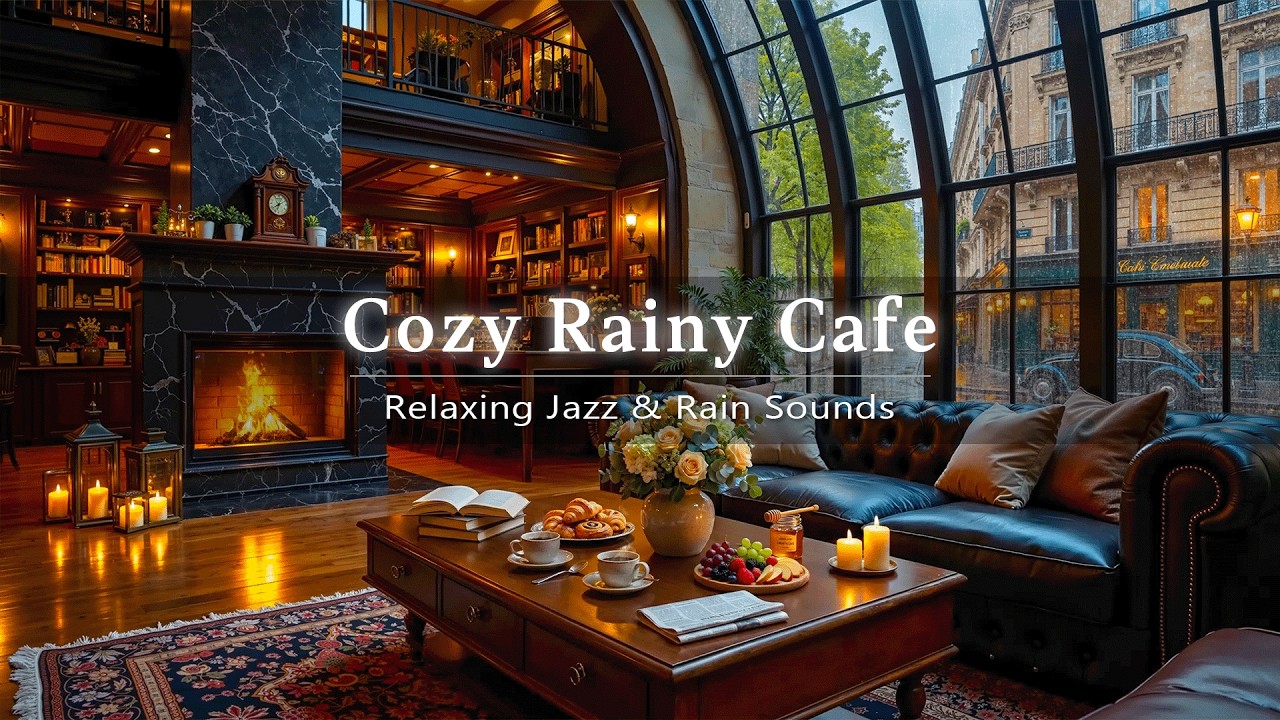 Jazz Relaxing Music ~ Rainy Cafe Ambience ☕ Stress Relief with Smooth Jazz Piano & Fireplace Sounds