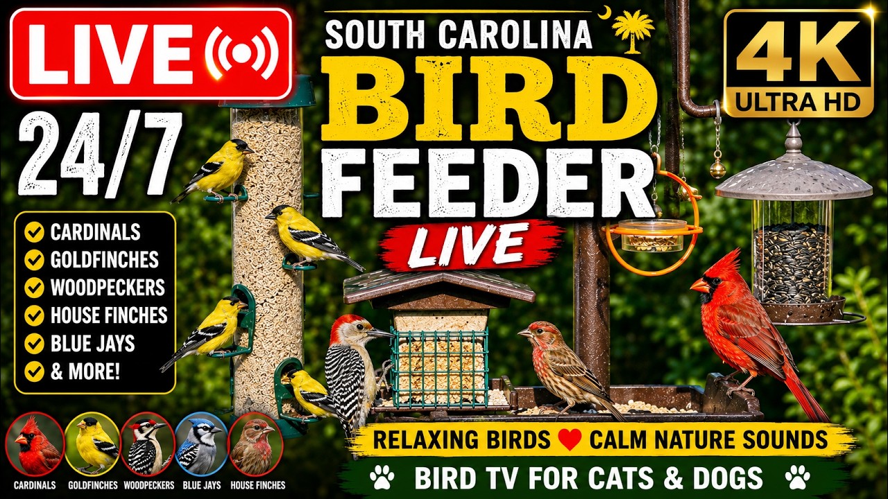 LIVE 4K South Carolina Bird Feeder Cardinals, Finches & REAL Nature Sounds