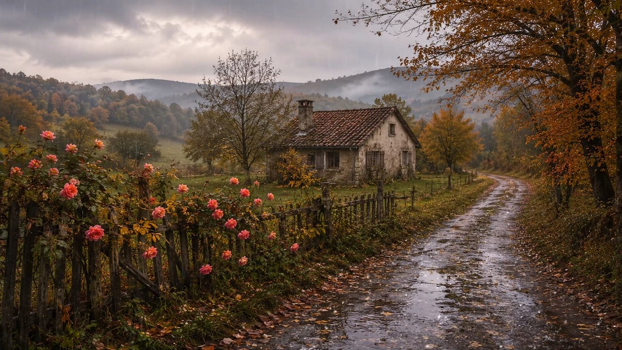 Autumn Rain Sounds with a Cottage and Roses | Nature Sounds for a Calm Mind, Sleep or Meditation