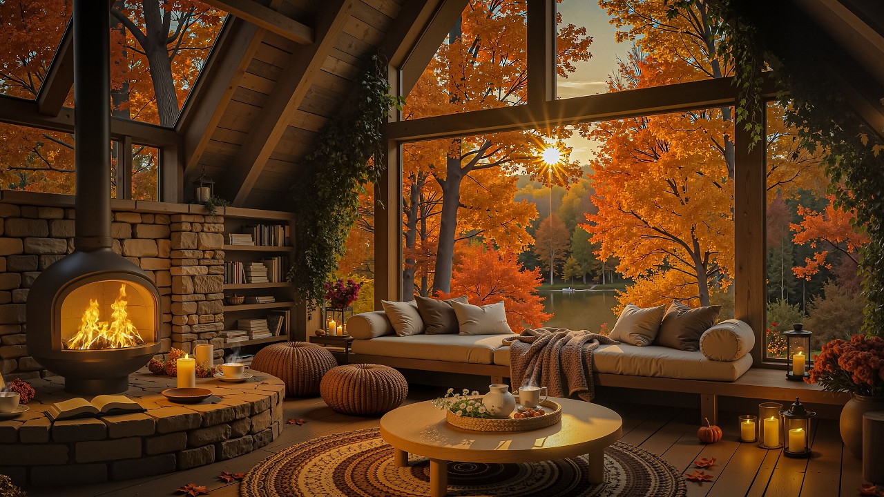 Tranquil Autumn Cabin with Fireplace 🍂 Coffee Shop Jazz Piano Music for Study, Work & Relax