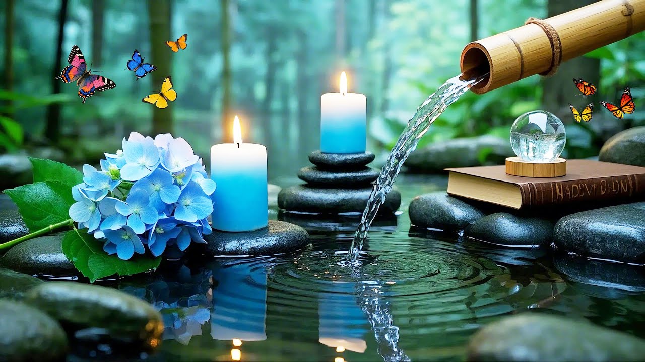 Healing Relaxing Music + Bamboo Water Sounds 🌿 Piano Music for Stress Relief, Sleep & Meditation