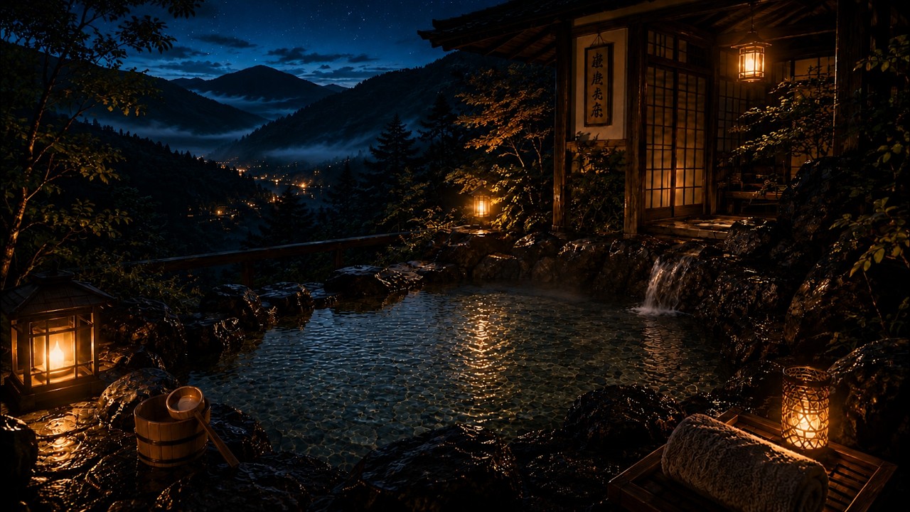 Japanese Mountain Onsen at Night ♨️ | 3 Hours of Relaxing Spa Music & Water Sounds