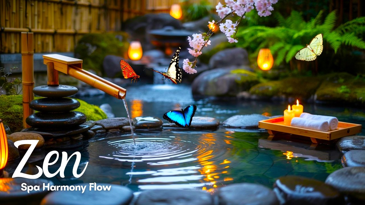 Zen Spa Music – Sakura Lantern Glow: Peaceful Piano & Trickling Waterfall for Deep Meditation