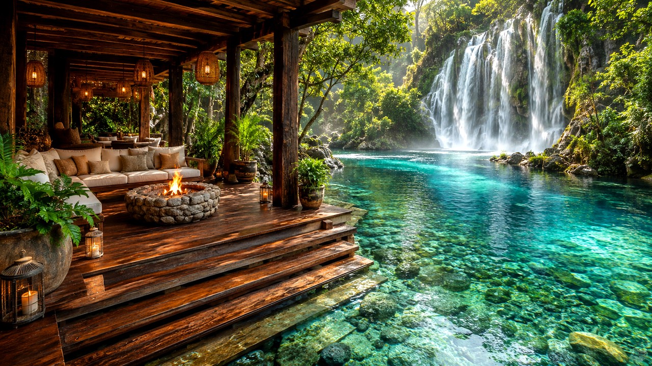 Cozy Porch by the Waterfall 🌿 Nature Sounds & Birds Singing for Sleep, Meditation and Focus