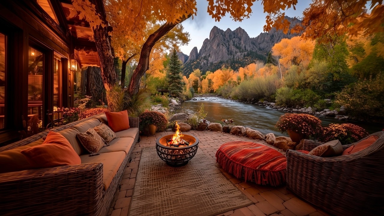 Autumn Riverside Patio Ambience 🍂 Mountain River, Campfire & Nature Sounds