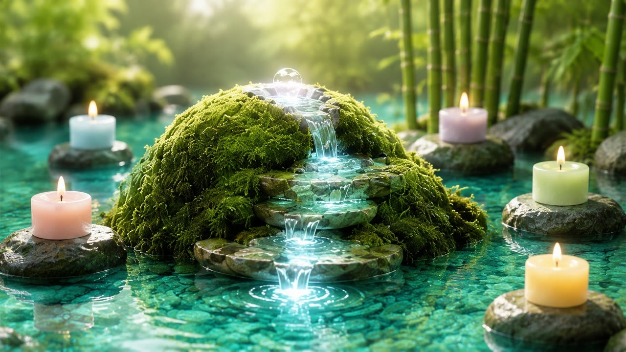 Zen Garden Healing Music | A Moss Island, Candlelight and Water Falling over Green Stone