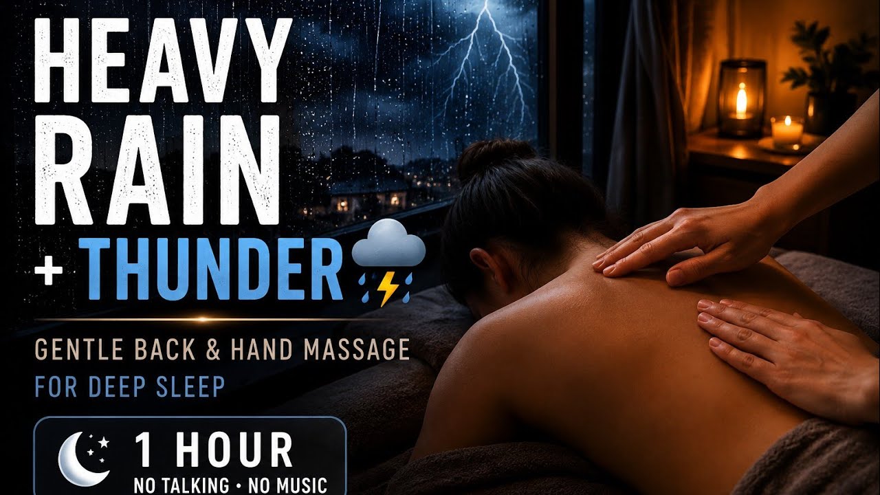 Heavy Rain & Thunderstorm ASMR 🌧️⛈️ | Gentle Back & Hand Massage for Deep Sleep | 1 Hour