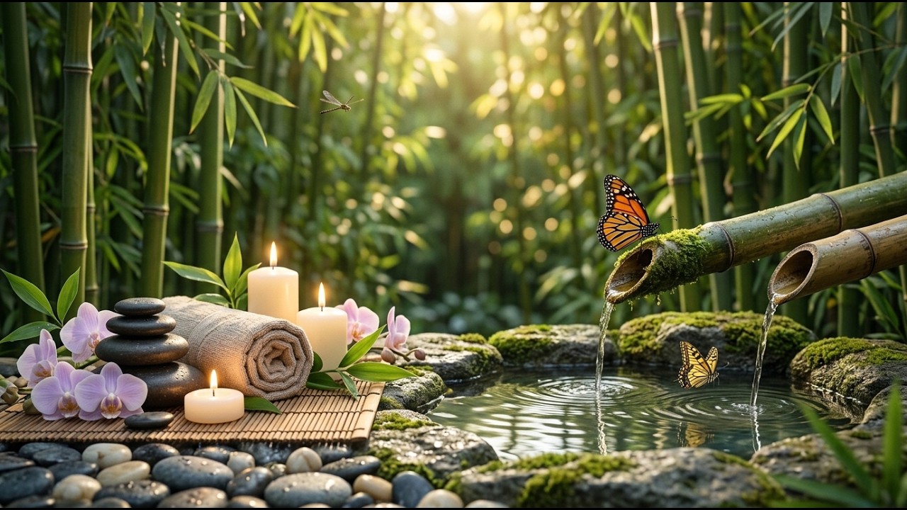 Relaxing Music for Healing + Bamboo Water Sounds 🌿 Relieves | Cleanse Your Aura Fast