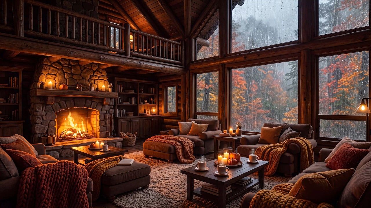 Jazz Study Music 🍂 Smooth Jazz Music in a Cozy Living Room with Fireplace, Rain for Deep Focus